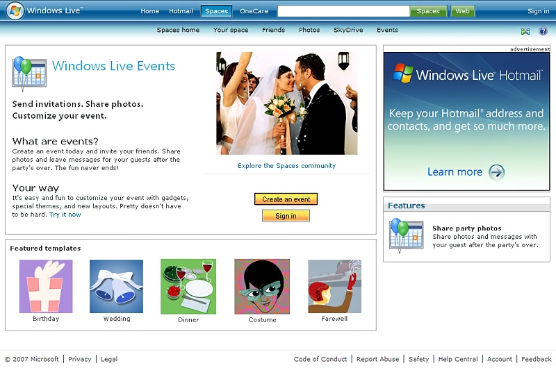 Windows Live Events Homepage (2007)